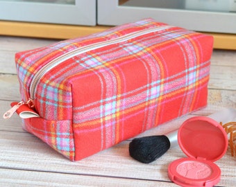 Red Plaid Pouch, Dopp Bag for Her, Toiletry Travel Bag, Flannel Accessories, Travel Gift for Her, Large Cosmetic Bag, Boxy Pouch, Plaid Gift