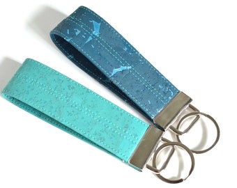 Turquoise Key Fob, Eco Friendly Gifts for Him, Vegan Leather Keychain, Cork Keychain Wristlet, Small Gift for Teacher, Blue Cork Key Ring