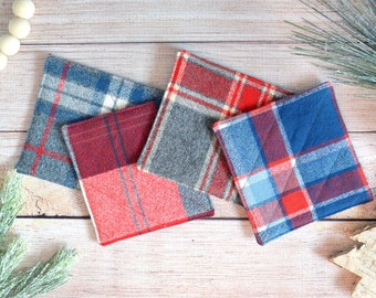 Rustic Holiday Decor, Plaid Christmas Decor, Fabric Drink Coaster Set, Cozy Christmas Gift for Host, Blue Holiday Decorations Plaid Coasters