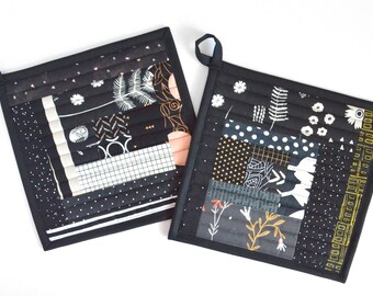 Black Pot Holders, Modern Kitchen Wall Decor, Holiday Gift for Cook, Quilted Hot Pad Holders, Fabric Potholder Set, Kitchen Potholders