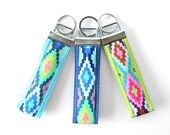 Aztec Keychain Wristlet, Blue Key Fob, Small Gift for Teen Girl, Navajo Key Chain Keyfob, Fabric Keyring, Boho Gift for Teacher Keychain