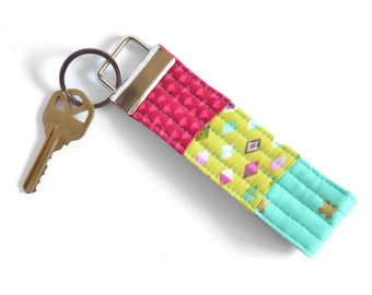 Bright Keychain for Her, Pink Womens Key Fob, Small Gift for Teacher, Key Chain Wristlet, Unique Teen Girl Gift, Quilted Keychain Lanyard