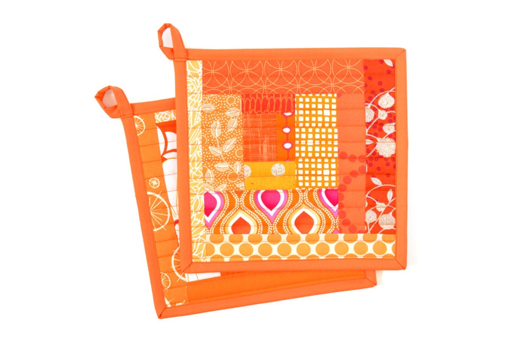 Orange Pot Holders, Kitchen Hot Pads, Cooking Gift for Mom, Quilted