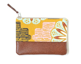 RESERVED for Heather - Mustard Linen Zipper Pouch with Leather Accent, Pencil Case, Anna Maria Horner Fabric, Purse Organizer