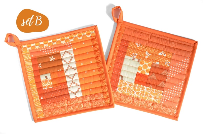 Orange Pot Holders, Kitchen Hot Pads, Cooking Gift for Mom, Quilted Potholders, Bright Kitchen Decor, Quilted Trivet, Fabric Potholders image 3