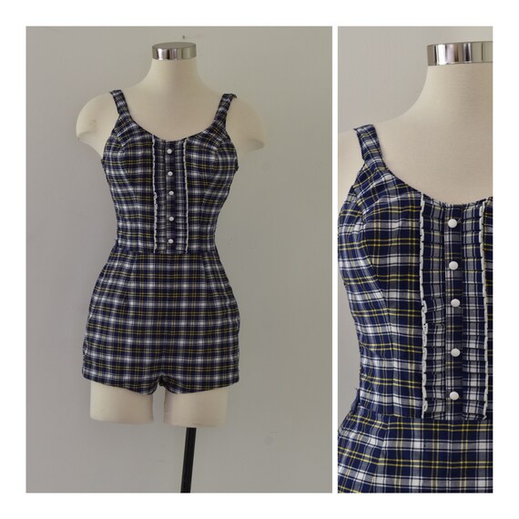 Vintage 1950s Catalina Plaid Bathing Suit Black Wa