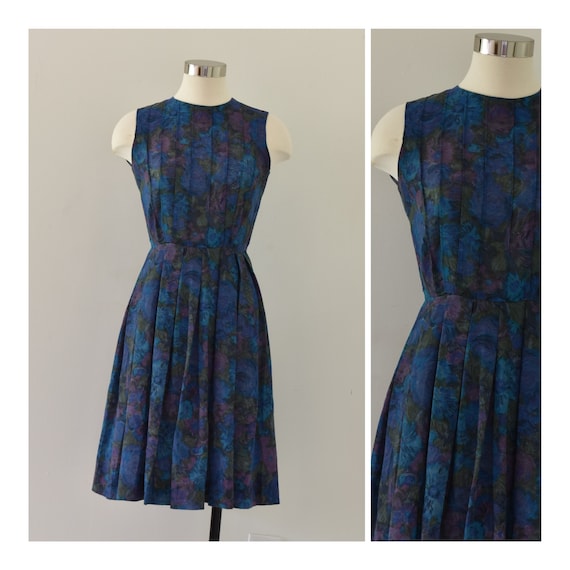 SmallMedium Vintage 60/'s Sleeveless Blue /& Green Saturated Cabbage Rose Floral Dress with Bubble Hem Skirt and Big Waist Bow by Rosenfeld
