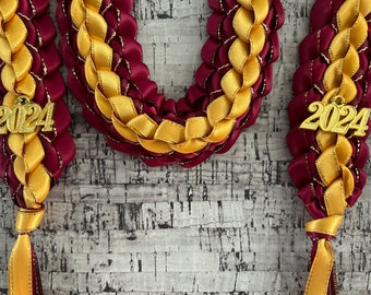 Graduation Stole Open Ended Lei Burgundy / Burgundy Gold Edged Ribbon / Yellow Gold Edged Ribbon Double Braided 2024 Gold Charms Handmade