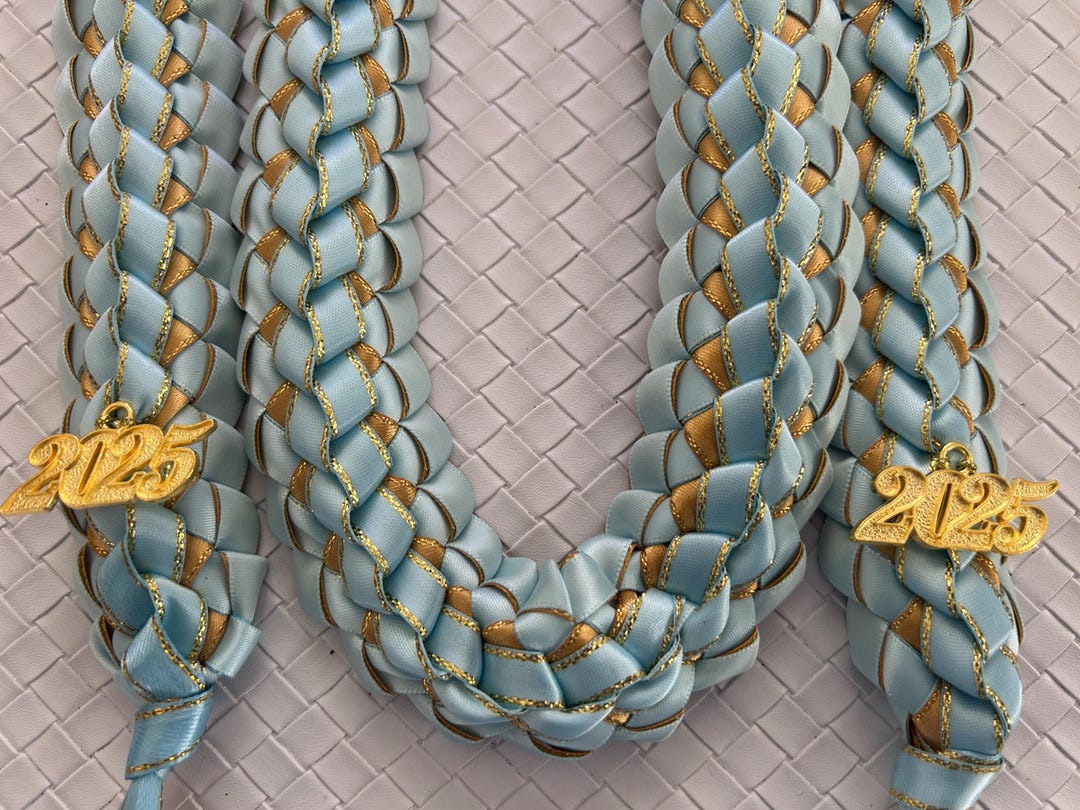 Handmade Graduation Ribbon Lei, Light Blue & Gold Ribbon, Graduation ...