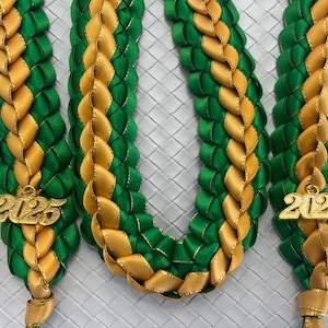 Graduation Stole  Double Braided Lei Green Gold Edged Ribbon 2025 Gold Charms Handmade
