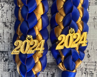 Graduation Stole Open Ended Lei Double Braided Blue/Gold Ribbon 2024 Gold Charms Handmade