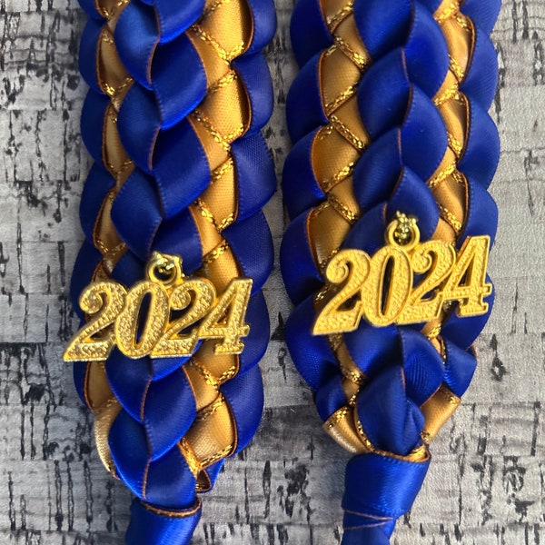 Graduation Stole Open Ended Lei Double Braided Blue/Gold Ribbon 2024 Gold Charms Handmade