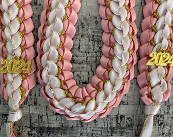 Graduation Stole Open Ended Double Braided Ribbon Lei Pink / White Gold Edged / Gold Edged Ribbon 2024 Gold Charms Handmade
