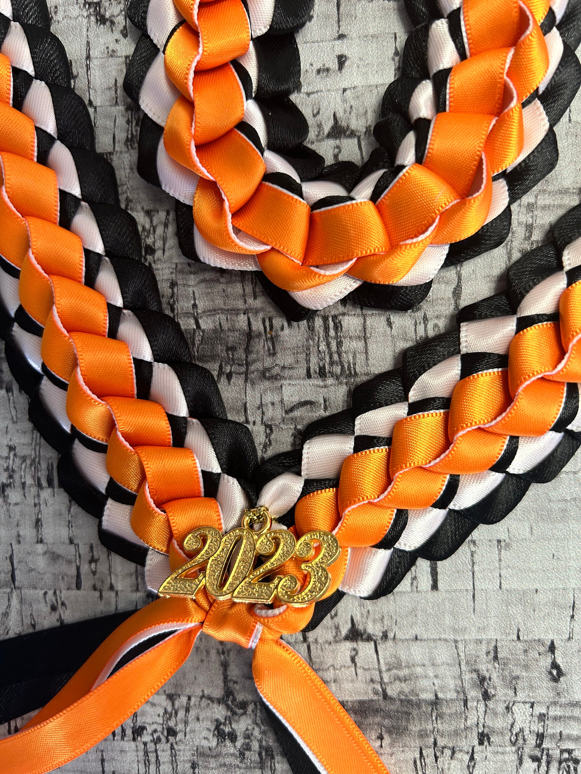 Graduation Stole Double Braided Ribbon Leis Black / Gold Edged / Orange