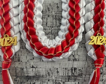 Graduation Stole  Double Braided Ribbon Leis  Red Gold Edged / White Ribbon 2024 Gold Charms Handmade
