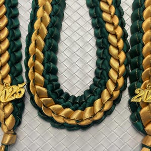 Graduation Stole Double Braided Leis  Forrest Green /Gold Edged Ribbon Handmade 2025 Gold Charms