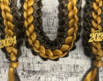 Graduation Stole  Double Braided Open Ended Lei Brown / Brown Gold Edged / Gold Edged Ribbon 2024 Gold Charms Handmade