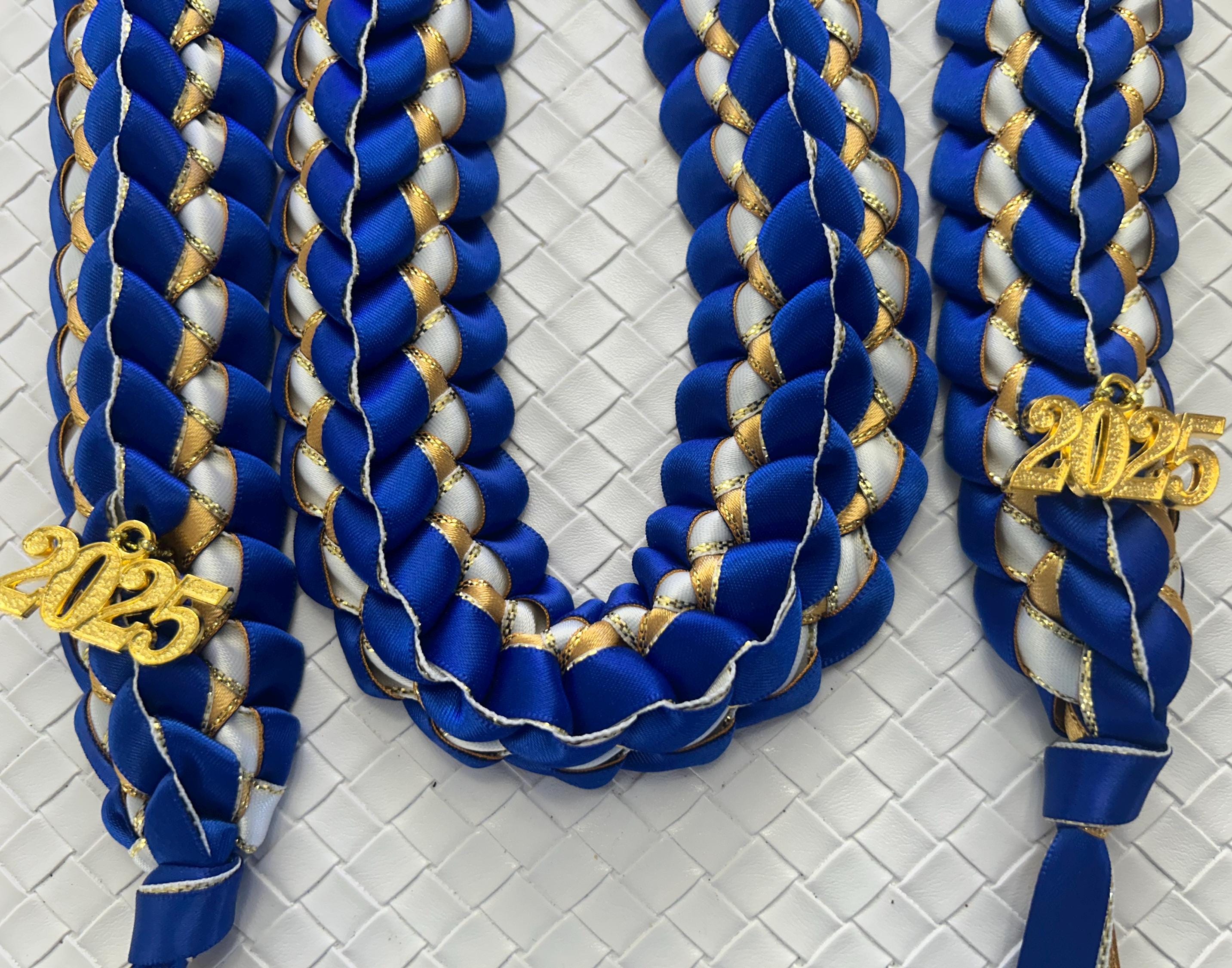 Graduation Stole Open Ended - Double Braided Lei - Royal Blue / Gold Edged / White Gold Edged Ribbon 2025 Gold Charms