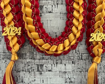 Graduation Stole  Double Braided Ribbon Leis  Red Gold Edged / Gold Edged Ribbon Handmade 2024 Gold Charms Graduation Gift