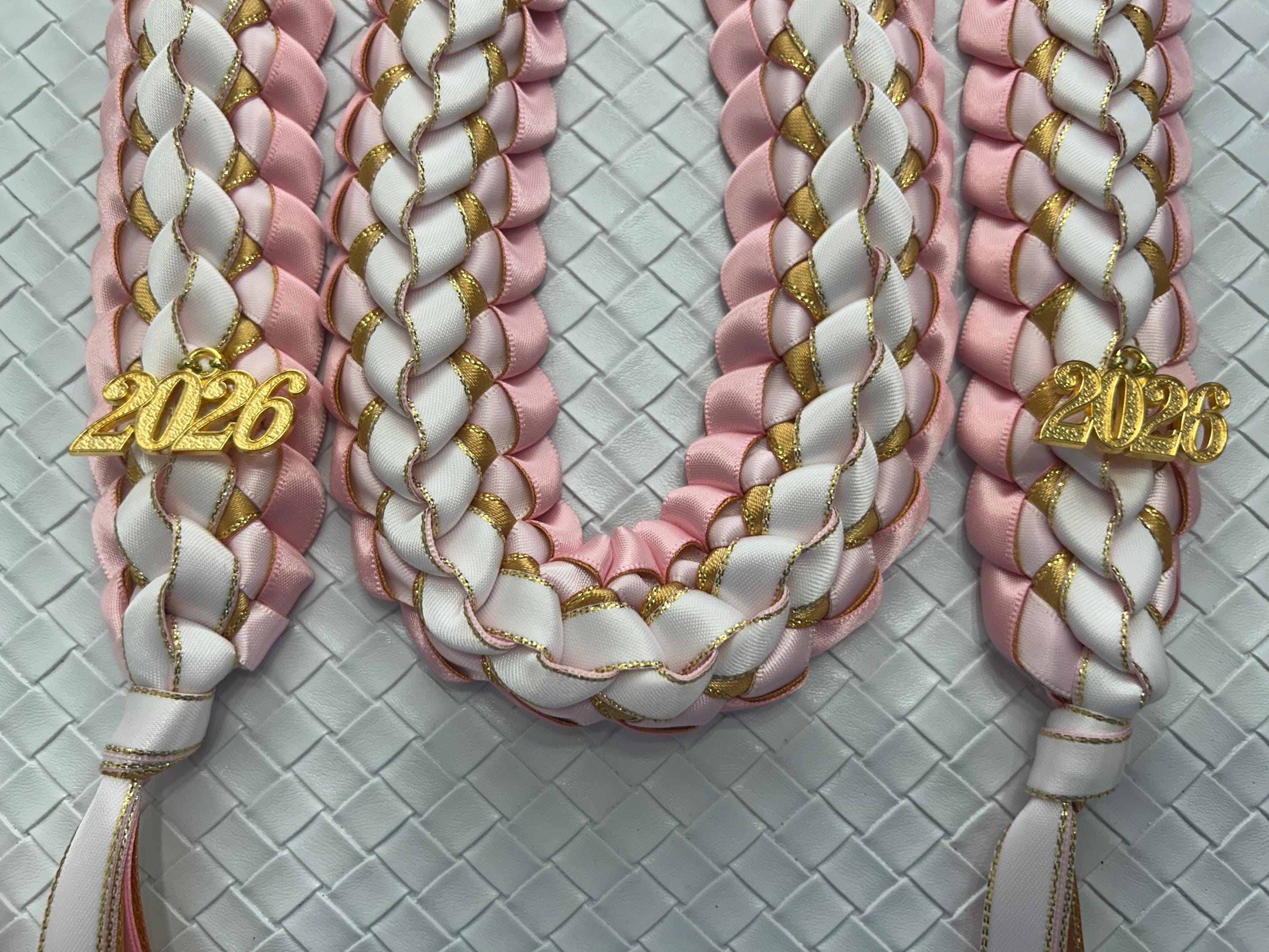 Handmade Graduation Ribbon Lei: Pink, White & Gold 2026 
