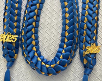 Handmade Graduation Ribbon Lei: Blue & Gold, 2025 Charm