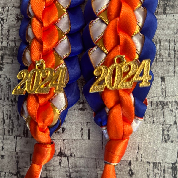 Graduation Stole Open Ended Double Braided Blue / Orange / White Gold Edged / Gold Edged Ribbon 2004 Gold Charms Handmade