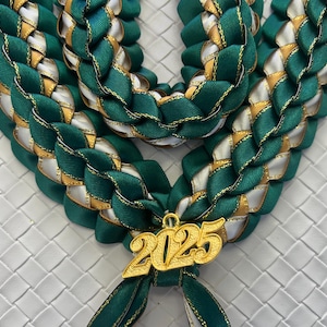 Graduation Double Braided Ribbon Lei Forrest Green / White Gold Edged Ribbon 2025 Gold Charms Handmade