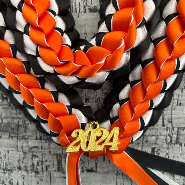 Graduation Double Braided Ribbon Leis Handmade Orange Black and White
