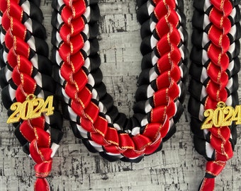 Graduation Stole  Double Braided Open Ended Lei Black / Red / White Gold Edged  Ribbon 2024 Gold Charms Handmade