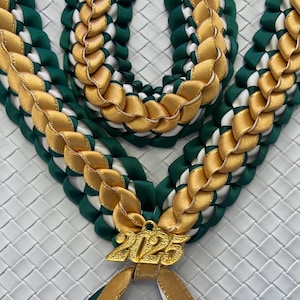 Graduation Double Braided Ribbon Lei Forrest Green / White Gold Edged/ Gold Edged Ribbon 2025 Gold Charms Handmade