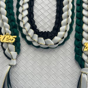 Graduation Stole  Double Braided Ribbon Leis  Dark Green /Black White Gold Edged Ribbon 2025 Gold Charms
