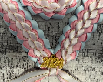 Graduation Double Braided Ribbon Leis Pink Blue White Gold Edged Ribbon Trans Pride 2024 Gold Charms Handmade