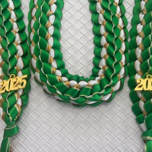 Graduation Stole Double Braided Ribbon Leis  Green /White Edged Gold/Gold Edged Ribbon Handmade 2025 Gold Charms Handmade
