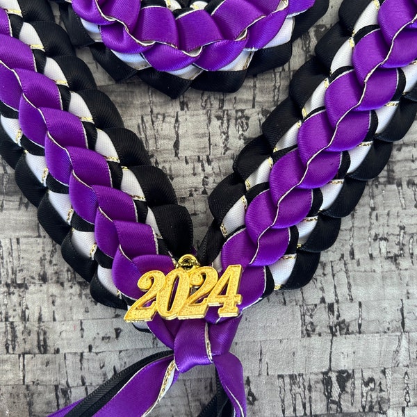 Graduation Double Braided Ribbon Leis Handmade Purple/Black and White Gold Edged Ribbon 2024 Charms Handmade