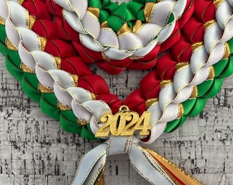 Graduation Double Braided Ribbon Leis Handmade Red White Green and Gold Edged Ribbon Mexican Graduation 2024 Gold Charms Handmade