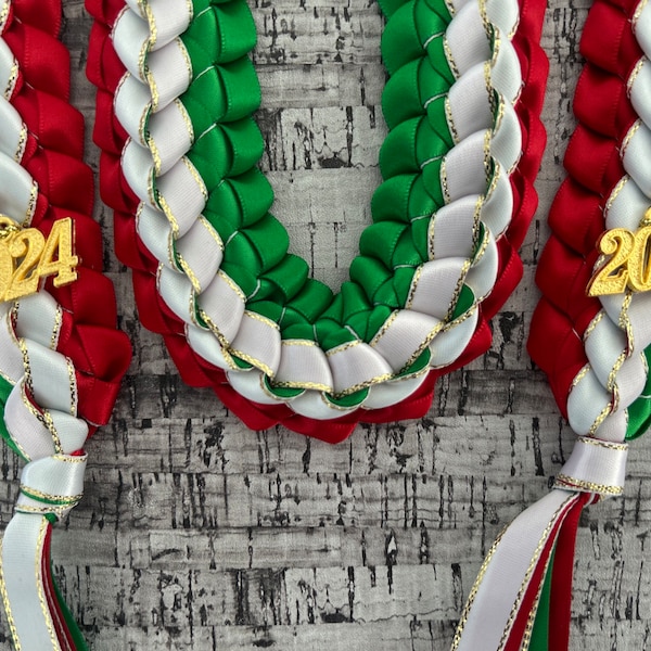 Graduation Stole  Double Braided Ribbon Leis White/Red/Green Gold Edged Ribbon  Mexican Graduation  2024 Gold Charms Handmade