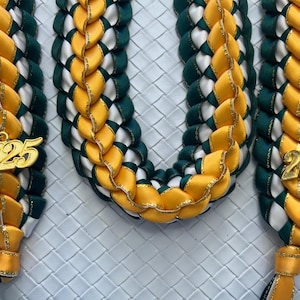 Graduation Stole Double Braided Lei Forrest Green / Gold and White Gold Edged Ribbon 2025 Gold Charms Handmade