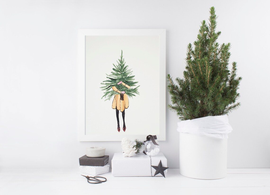 Christmas Tree Girl Watercolor Painting Printable Art | Etsy