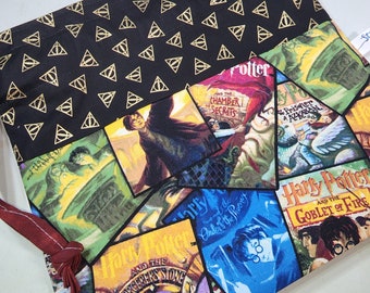 Harry Potter Book Covers, Deathly Hollows, JK Rowling, Hogwarts Drawstring Project Bag, holds 200 grams