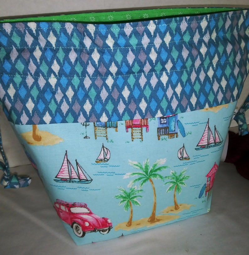 RTS Summer is Coming WIP Drawstring Fold Over Top Yarn Bowl Vintage Art Style Project Beach Theme Wedge Bag Active Ready to Ship