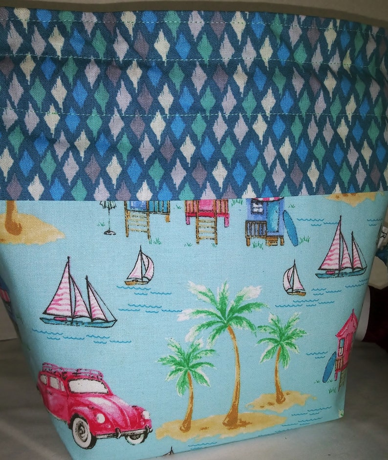 RTS Summer is Coming WIP Drawstring Fold Over Top Yarn Bowl Vintage Art Style Project Beach Theme Wedge Bag Active Ready to Ship