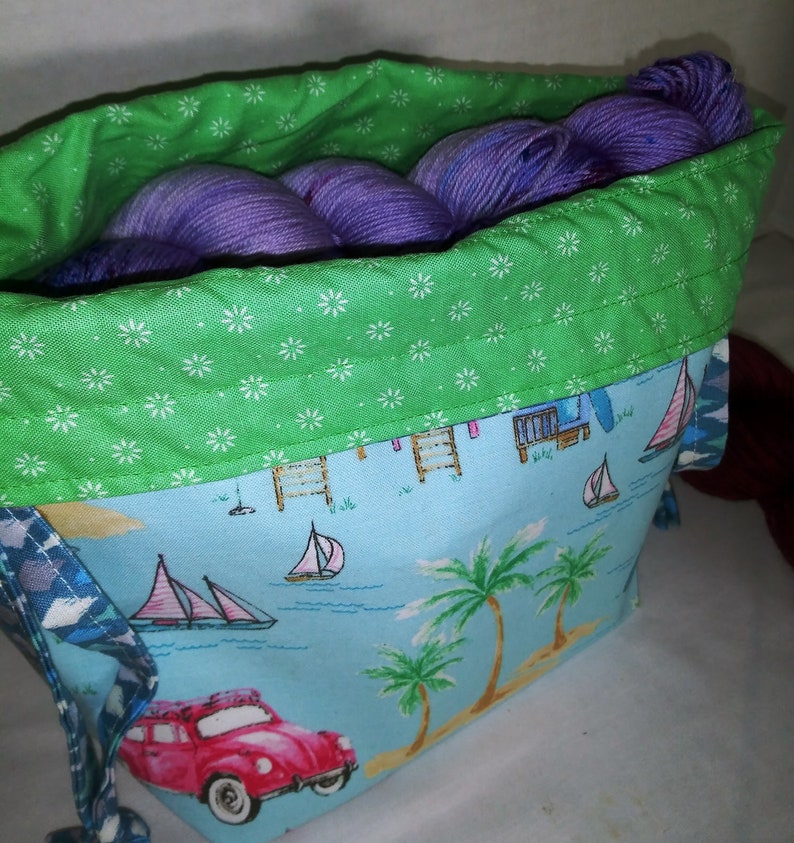 RTS Summer is Coming WIP Drawstring Fold Over Top Yarn Bowl Vintage Art Style Project Beach Theme Wedge Bag Active Ready to Ship