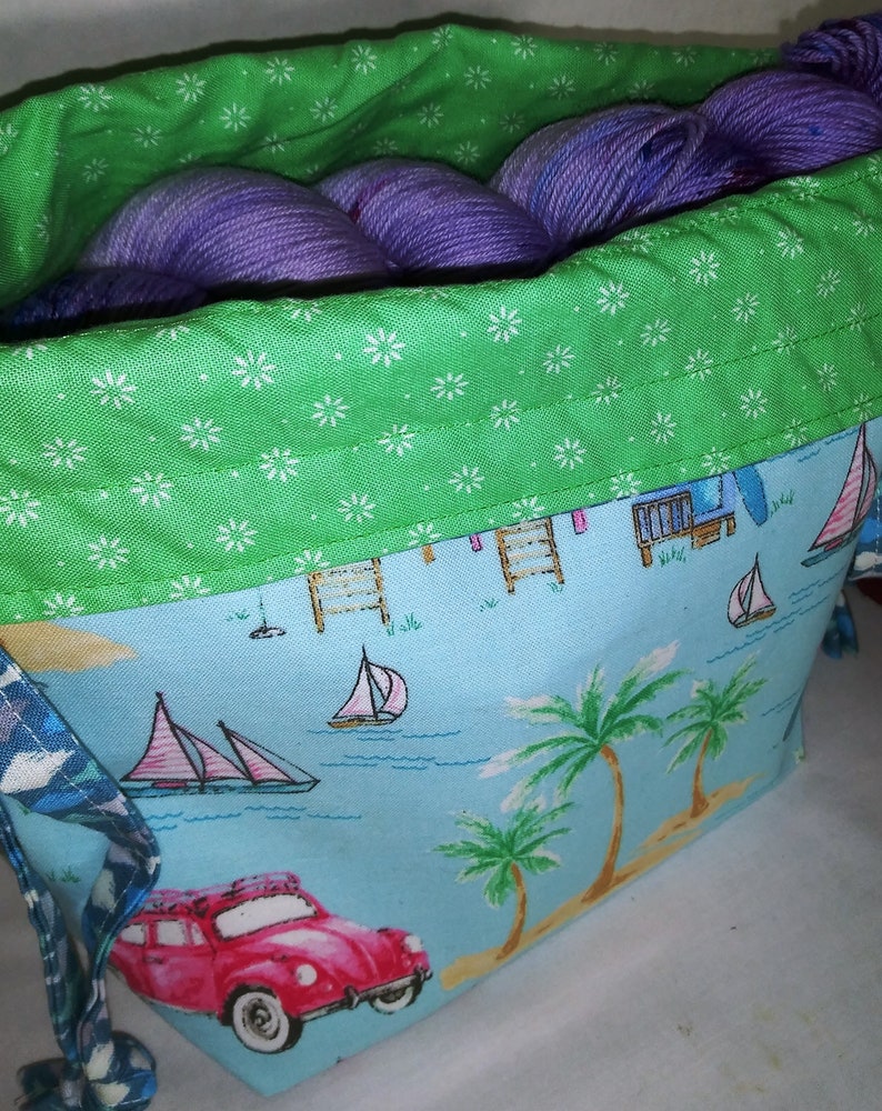 RTS Summer is Coming WIP Drawstring Fold Over Top Yarn Bowl Vintage Art Style Project Beach Theme Wedge Bag Active Ready to Ship