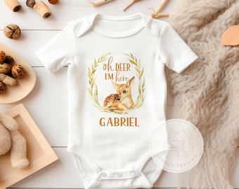 Oh Deer Im Here Baby Bodysuit, Newborn Boy Coming Home Outfit, New Baby Hospital Outfit, Custom Baby Shower Gift for Boy