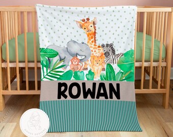 Safari Baby Blanket Personalized with Name, Safari Themed Nursery, Zoo Animals, Safari Baby Shower Gift