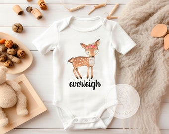 Personalized Baby Girl Bodysuit with name, Deer Shirt for Toddler Girl, Custom Woodland Baby Shower Gifts, Boho Baby Girl Clothes