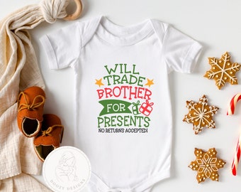 Lustige Baby Weihnachten Body, wird Bruder für Geschenke, Geschwister Urlaub Shirts, Weihnachten Baby Outfit, Kleinkind Weihnachten Shirt tauschen