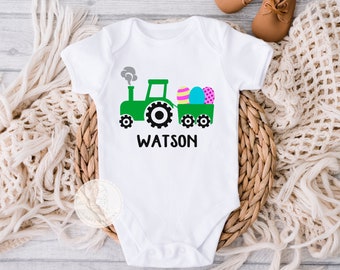 Pasen Baby Romper voor JONGEN of MEISJE, Gepersonaliseerde Paasoutfit, Boer Vrachtwagen Romper, Lente Peuter Shirt, Aangepaste naam Baby Cadeau