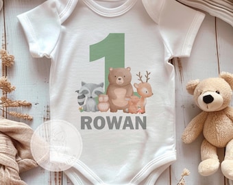 Woodland verjaardagsromper ®, shirt voor eerste verjaardag, The Big One-shirt, Woodland babykleertjes, gepersonaliseerd shirt voor eerste verjaardag