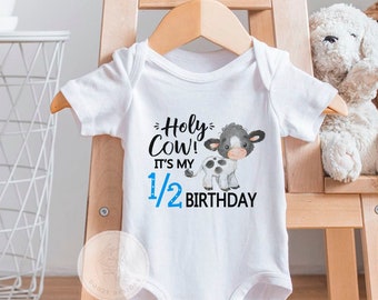 Holy Cow It's My Half Birthday Shirt for Boy, Birthday Bodysuit, 1/2 Birthday Boy Shirt, Cow Birthday Boy Outfit, Farm Animal Birthday Shirt